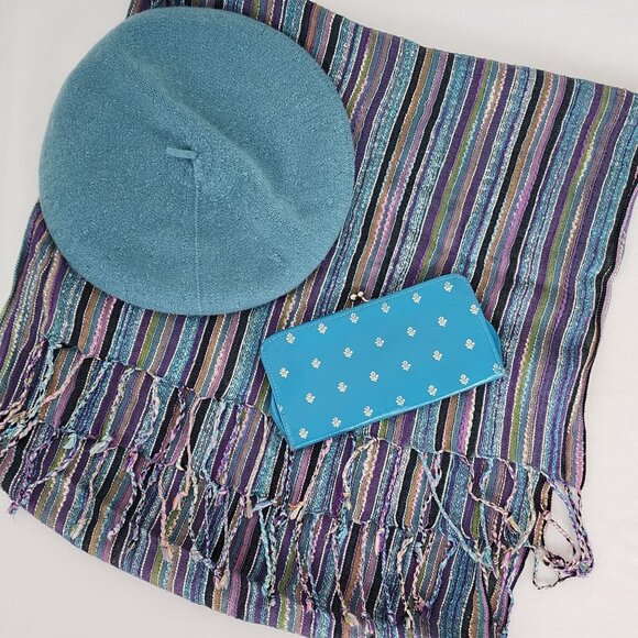 VTG Spring Lot Blue Tam Matching Scarf & Italian Leather Clutch Wallet Floral - Picture 14 of 15
